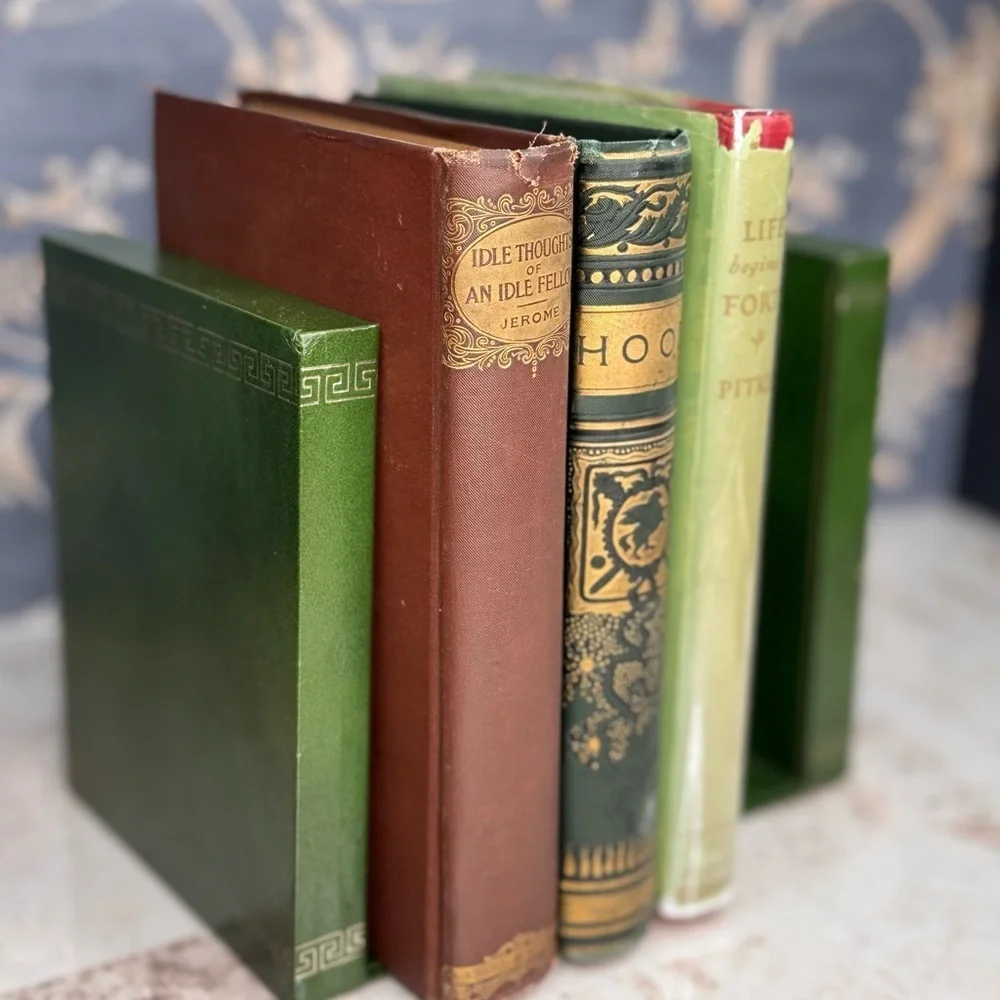 Vintage Green Bookends Faux Leather Greek Key Decor Set of 2